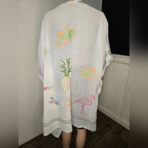 Soft Surroundings Tropical Topper Kimono Embroidered Bird Ivory One Size Swim - Picture 2 of 13